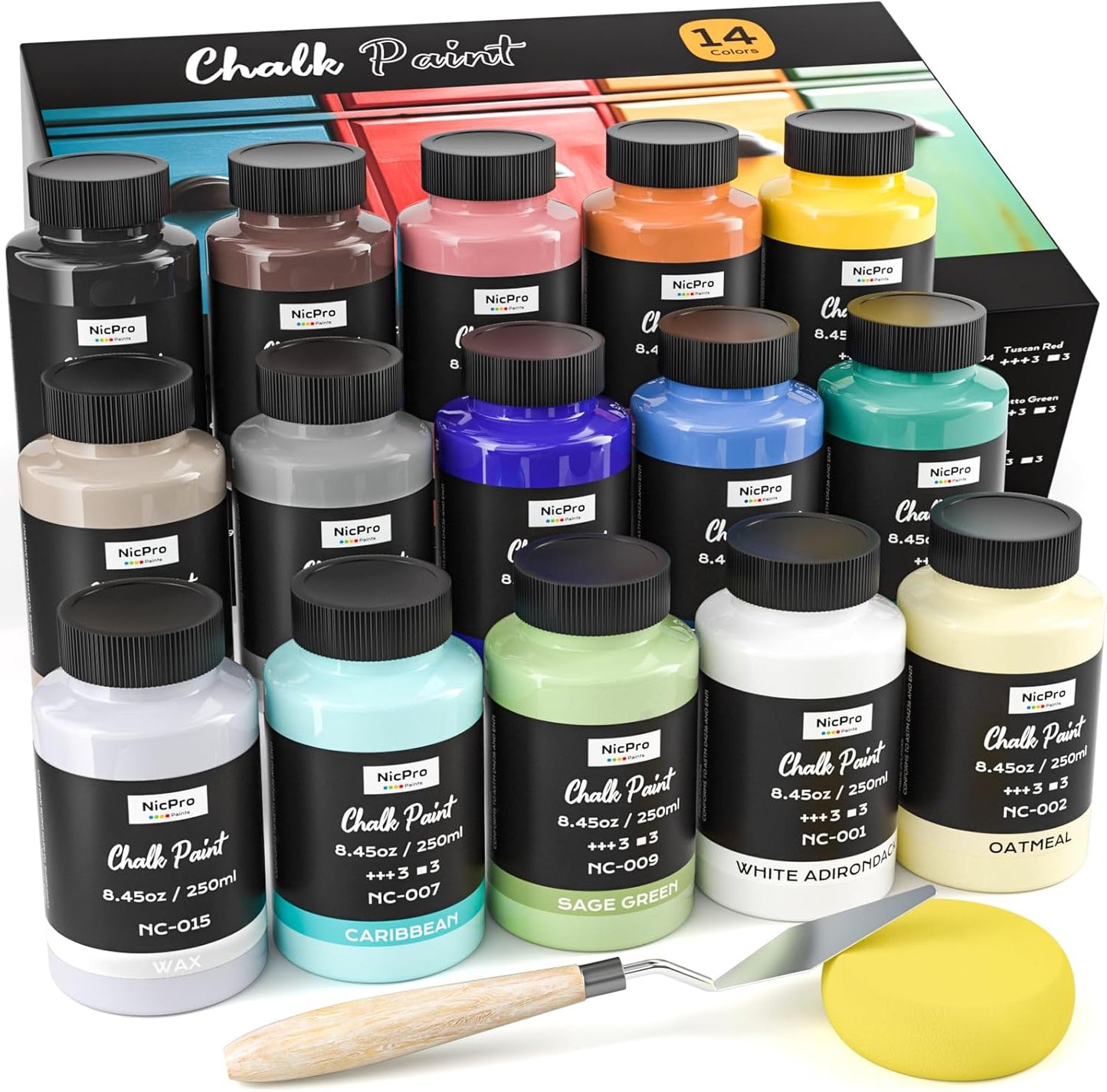 Nicpro 14 Colors Chalk Paint for Furniture, Ultra Matte Finish Acrylic Craft Paint Set (8.45 oz, 250ml) Chalk Furniture Paints with Liquid Wax, Color Wheel for Crafts, Home Decor, Beginner and Artists