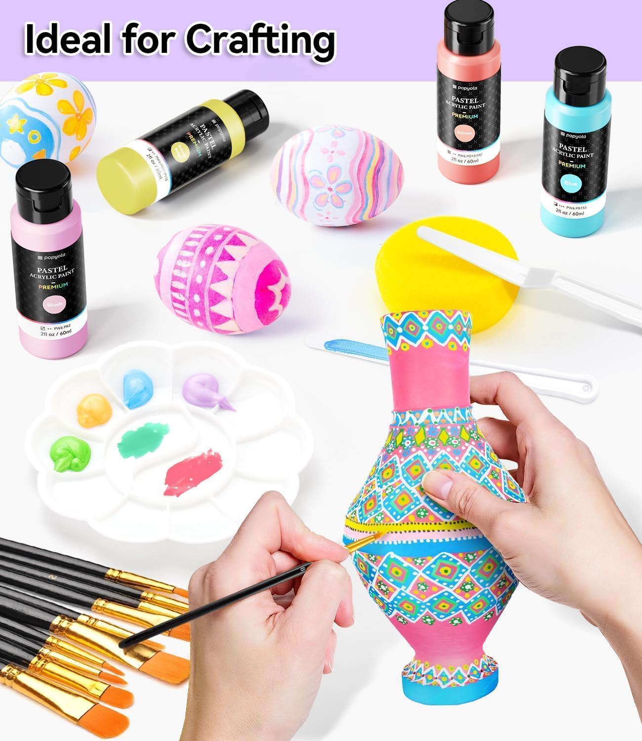 64 PCS Pastel Acrylic Paint Set with 12 Brushes, 2 Knives & Palette, 48 Colors (2oz/60ml) Art Craft Paint for Adults Kids Artists Beginners, Halloween Pumpkin Canvas Ceramic Rock Painting Kit