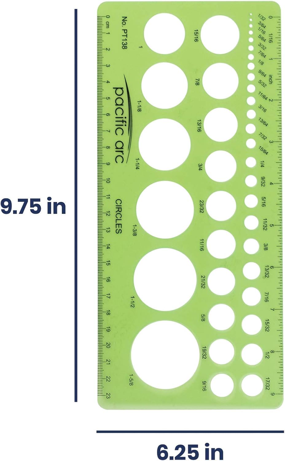 Pacific Arc Circles Template Guide, 40 Perfect Circles from 1/32 to 1 5/8 inch with Inch and Metric Graduations