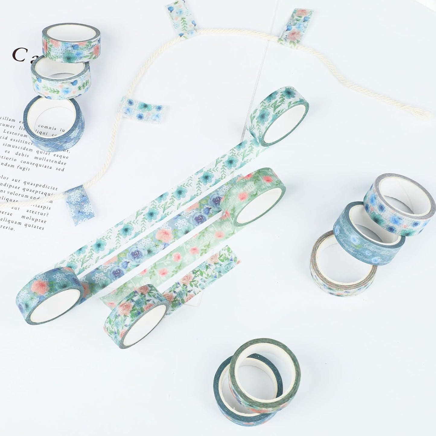 12 Rolls Floral Washi Tape, Blue Rose Flower Masking Tape, Vintage Blue Pink Floral Decorative Tapes for DIY Craft Scrapbook Journals Envelope Thanksgiving Christmas Party Decor Gift Wrapping 16.4FT