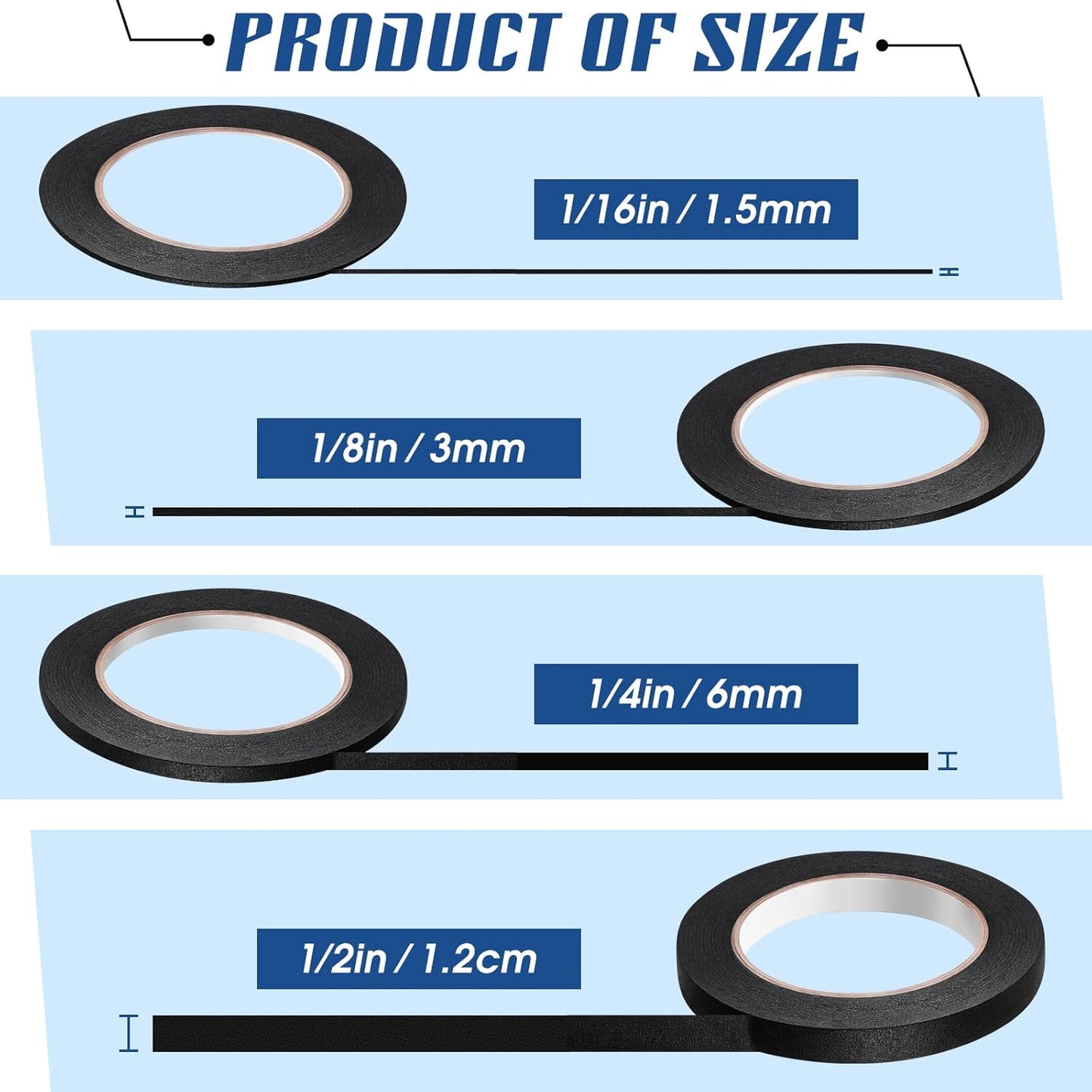 Epakh 4 Rolls Pinstripe Tape, Masking Tape in 1/16, 1/8, 1/4 and 1/2 Inch Wide, for Painters Automotive DIY Car Auto Paint Art(Black,55 yd)