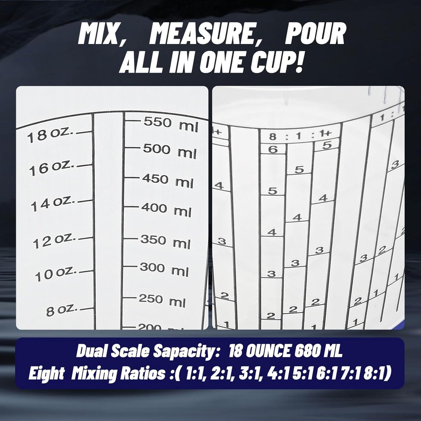 100 Pack Paint Mixing Cups by KEHE REFINISH,18 oz (550ml),Disposable or Reusable Plastic Measuring Cups with Lids for Liquids, Paints, Resin, Epoxy, Art,Ratios 1:1,2:1, 3:1, 4:1,5:1,6:1,7:1,8:1