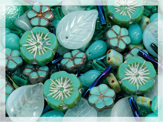 2.1oz (60 g) Mix of Unique Czech Bohemia Glass Pressed Beads, Rocailles, Opaque Turquoise Green Copper Crystal Silver, Matte and Glossy, Hand Made BCV