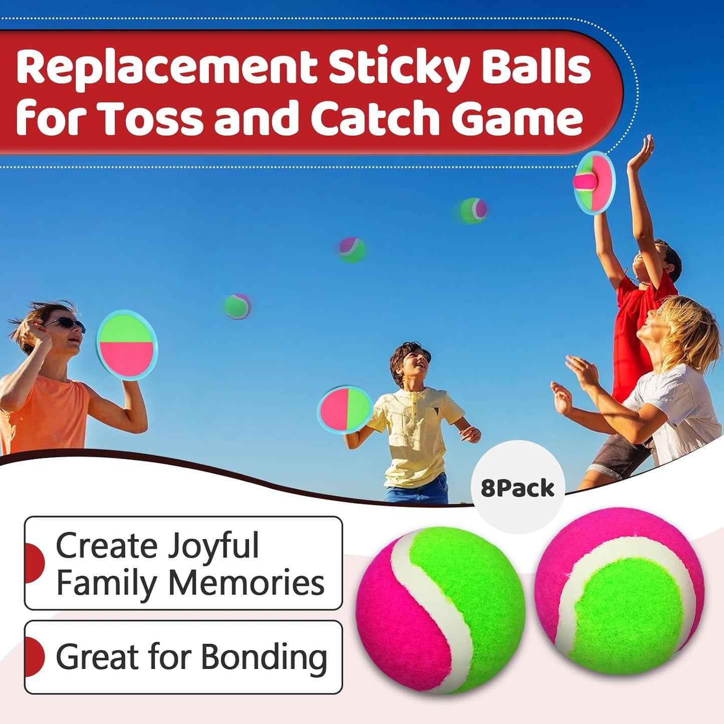 8-Pack Replacement Sticky Balls for Toss and Catch Game, 2.5 Inch Diameter, Hook and Loop Paddle Ball Refills, Outdoor Indoor Sport Toys for Kids, Family, Beach, Backyard Fun