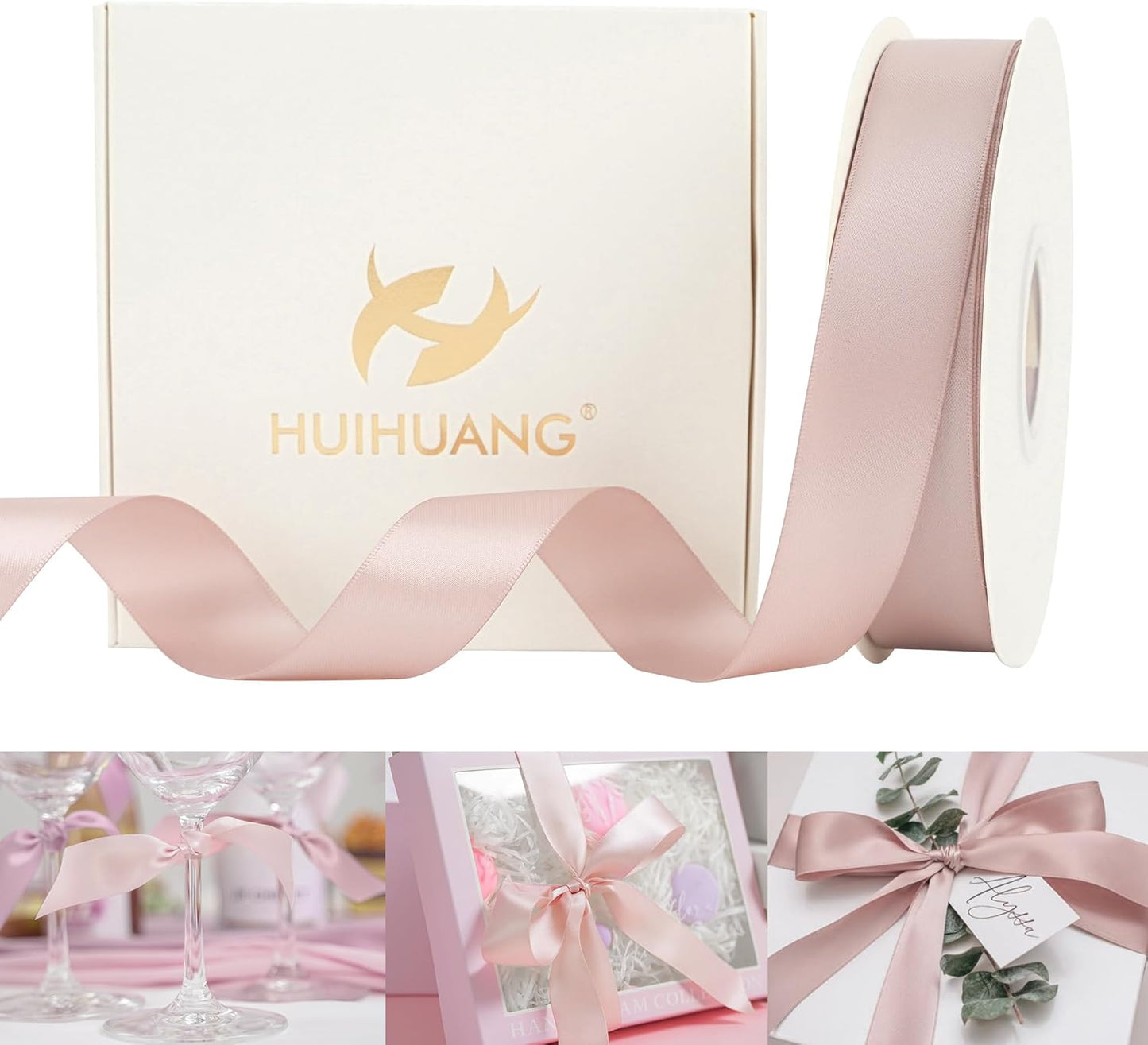 HUIHUANG Dusty Rose Satin Ribbon 1 inch x 50 Yards Double-Faced Polyester Dusty Rose Pink Ribbon for Gift Wrapping, Wedding Invitations, Hair, Bows Making, Floral Arrangement, Holiday Decor