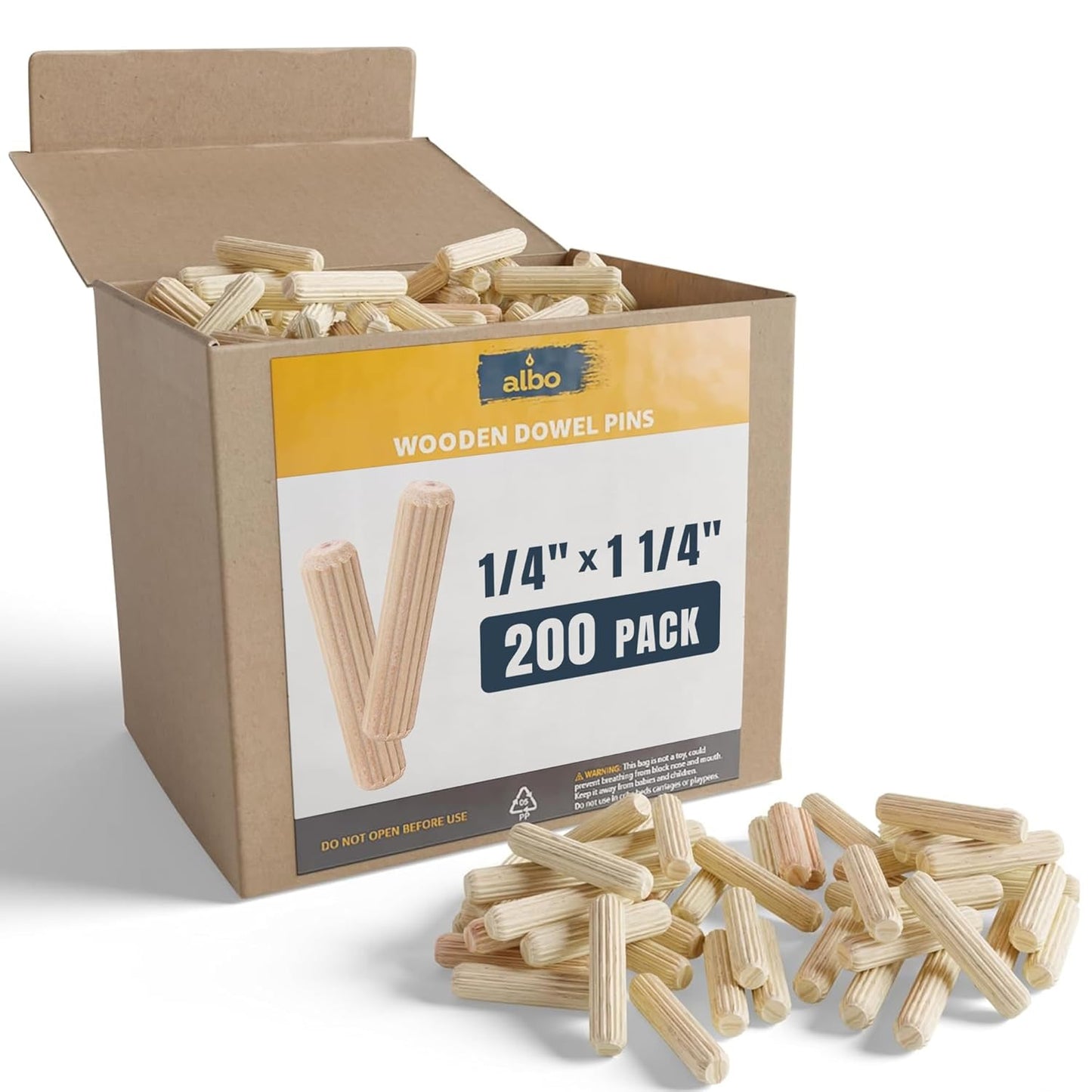 ALBO Wooden Dowel Pins 1/4 x 1-1/4 inch Fluted Wood Dowels Rods 200 Pack Hardwood Crafts Dowel Pegs