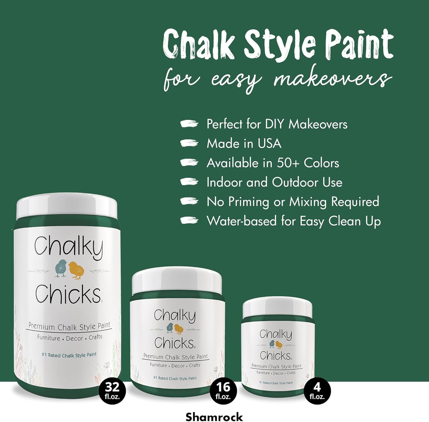 Chalky Chicks All-in-One Chalk Paint for Furniture or Cabinet - 32 Fl Oz - Matte Finish Shamrock (Dark Green) for Metal, Wood Furniture Paint - No Sanding All-in-One for Home Decor & Crafts, USA Made