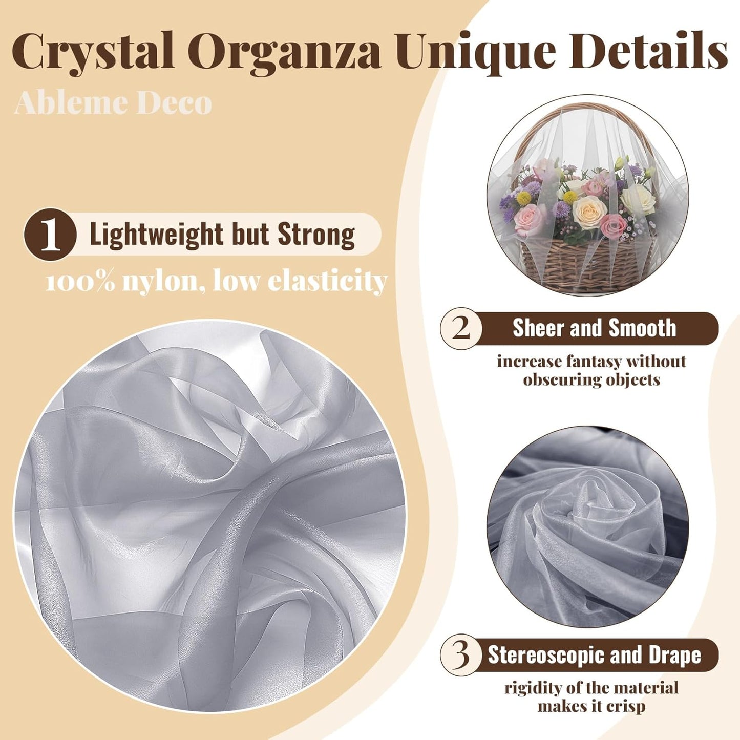 Organza Fabric by The Yard, 60 Inch Wide 3 Yards (9 ft) Long Sheer Fabric for DIY Sewing Projects Wedding Decorations Party Backdrops Curtains (Gray)