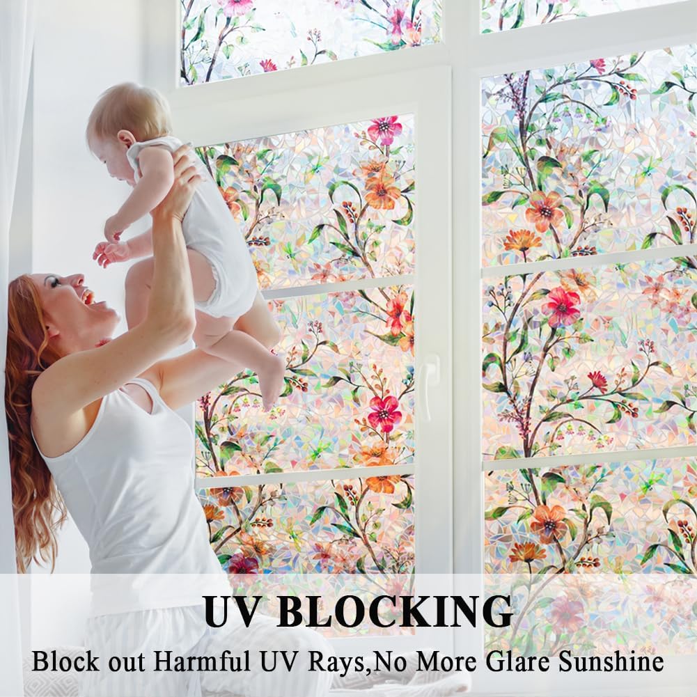 Stained Glass Window Film Static Cling Door Privacy Film Decorative Flowers Green Leaves Window Decals Stickers Heat Control Anti UV for Home and Office,17.5 inches by 157 inches