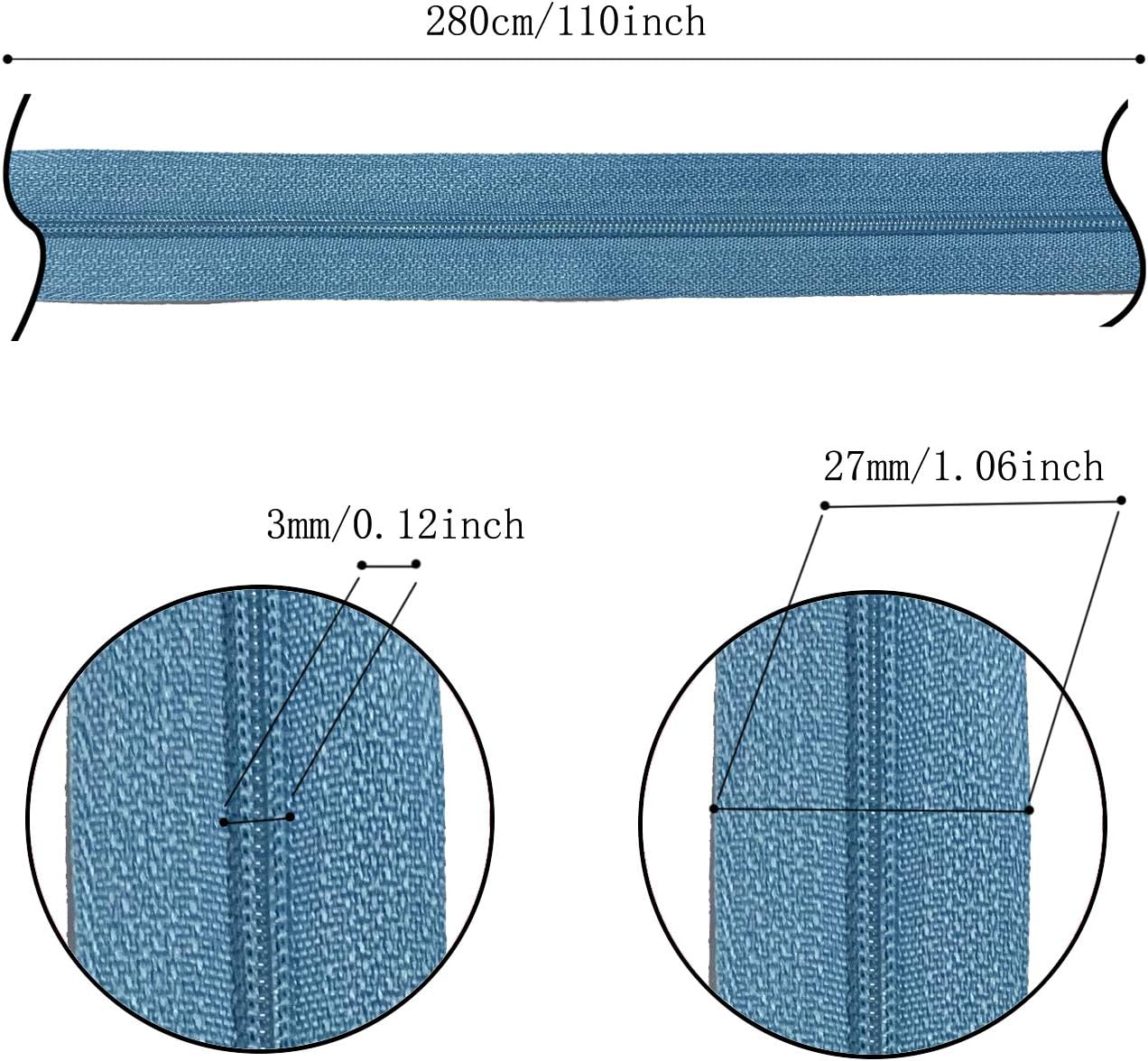DOITEM Zipper Tape 3 mm by The Yard - 12.5 Yard/14 Meter Nylon Endless Set With Slider - 5 Colors for Sewing