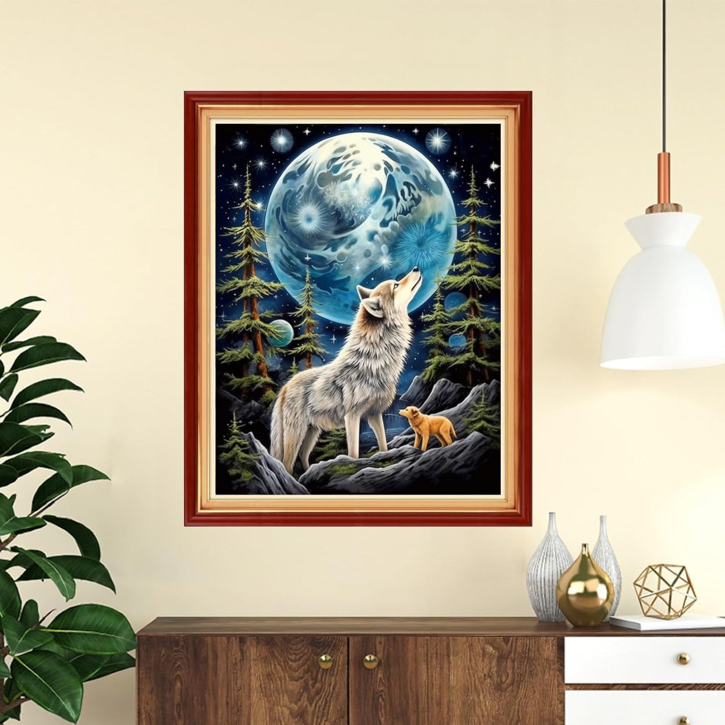 DMCVIVR Stamped Cross Stitch Kits for Adults Beginners Embroidery Kits 11CT Needlepoint Kits Cross Stitch Patterns Embroidery Patterns-Wolf Moon 16x20 inch