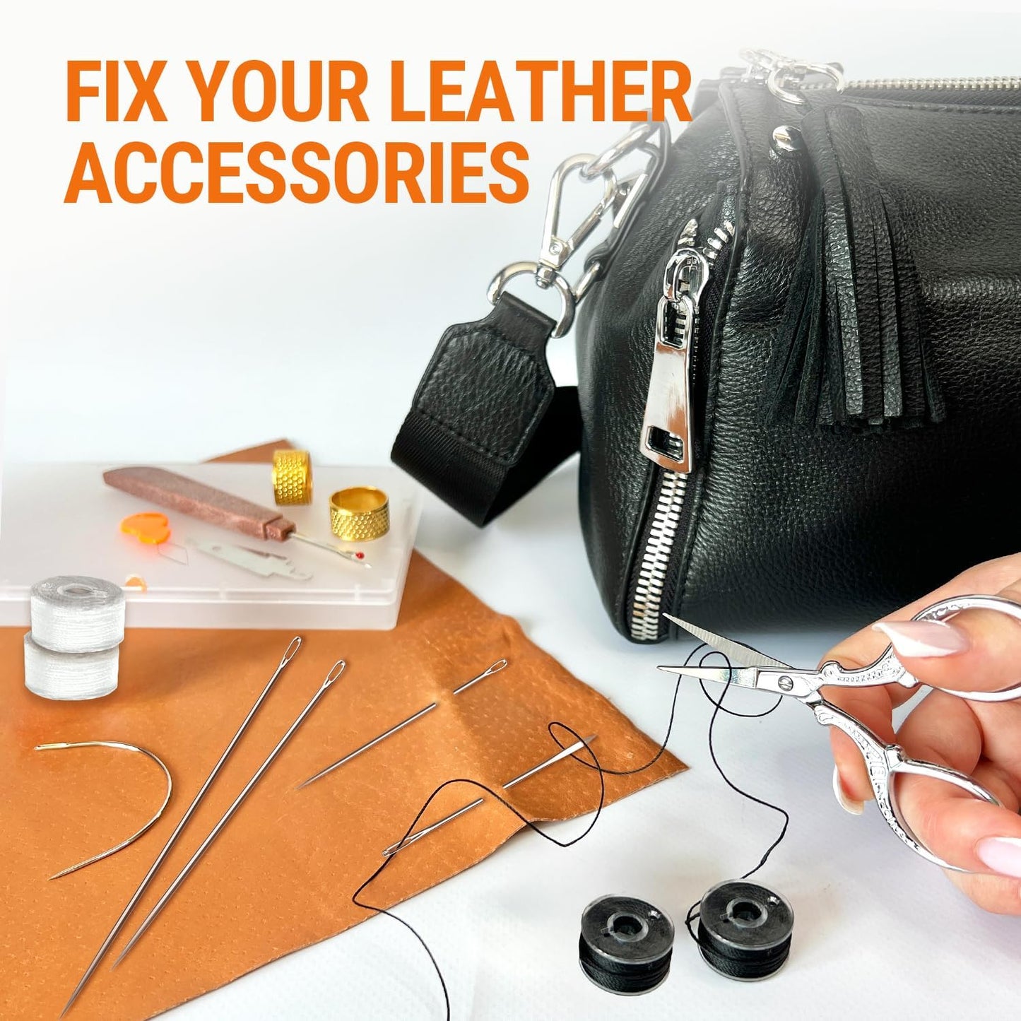 VONEEDL Heavy Duty Sewing Needles (11 PCS) & Waxed Thread (2 Black and 2 White Colors) - Upholstery Repair Kit for Leather, Canvas, Quilting & More