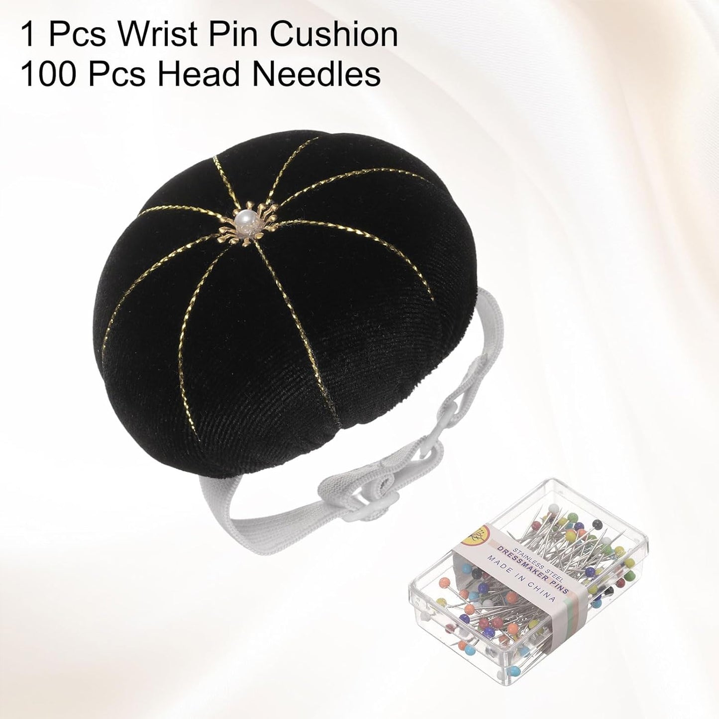 HARFINGTON Wrist Pin Cushion Wristband Sewing Pincushion Polyester Pin Holder Wearable Pumpkin Shaped Needles Wristband with 100 Head Needles for Sewing Quilting DIY Crafts, Black