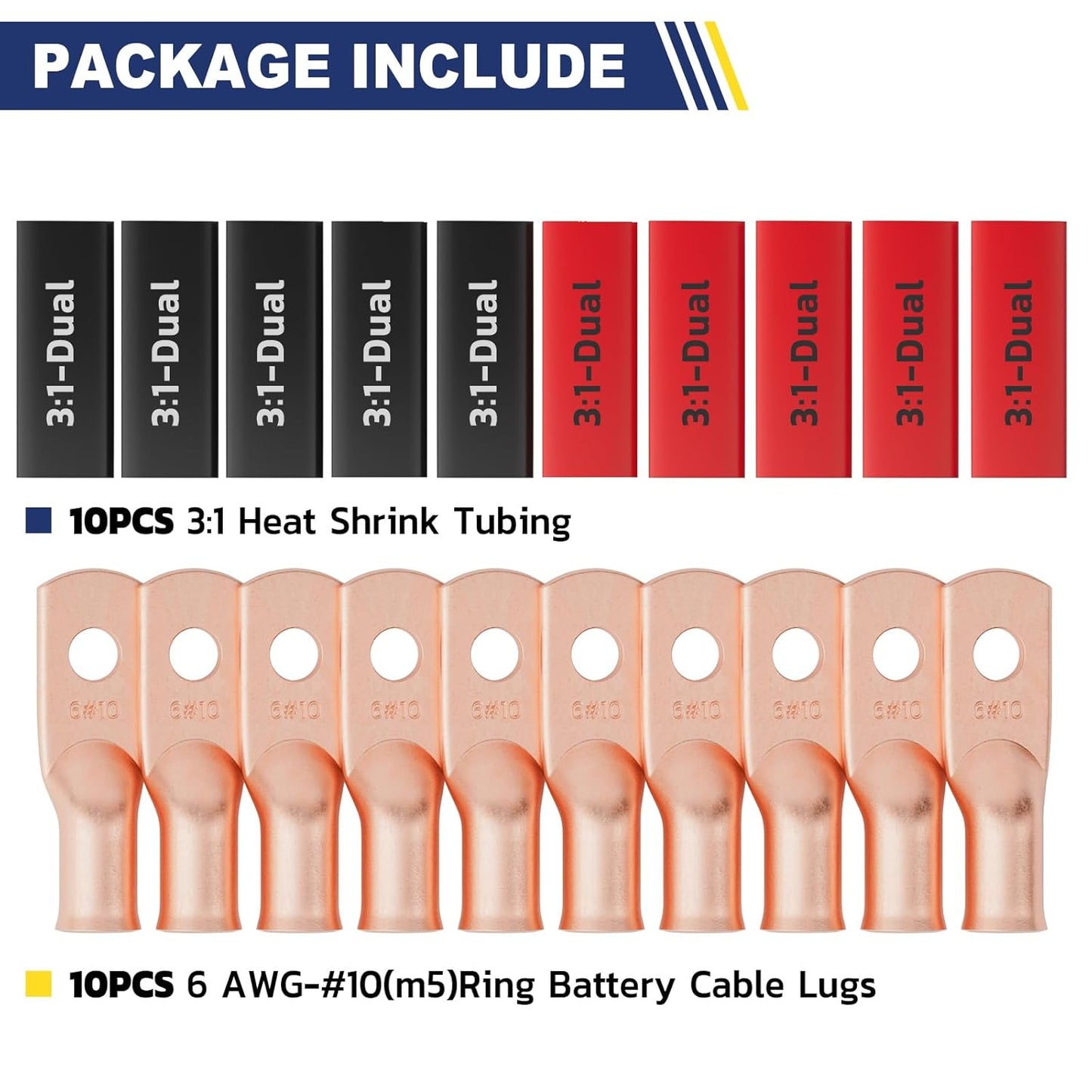 haisstronica 10pcs 6 AWG - #10 Battery Cable Lugs, Heavy Duty Copper Wire Lugs with 10pcs 3:1 Adhesive Heat Shrink Tubing, 6 Gauge Wire Connectors Battery Terminal Connectors, Battery Cable Ends