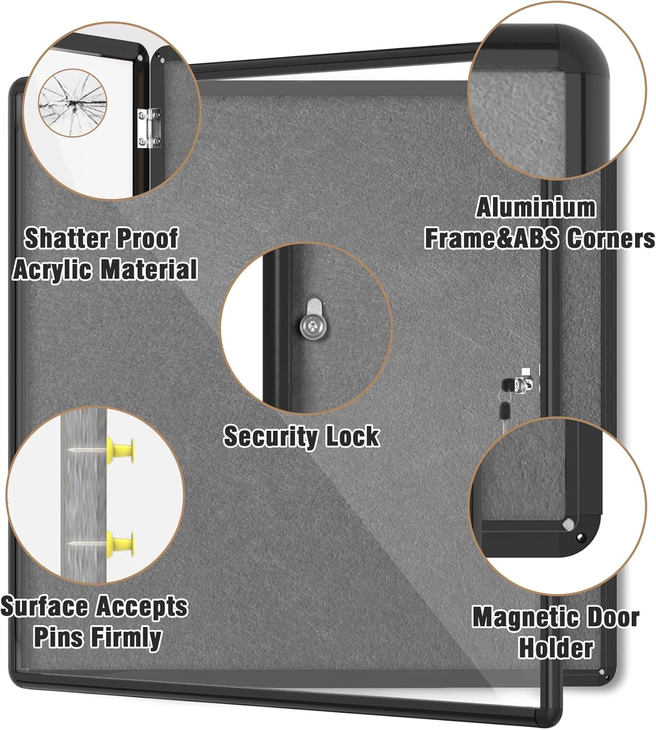 38"x38" Enclosed Bulletin Board, Lockable Weather-Resistant Aluminum Cork Noticeboard for School & Office, Black Frame w/Grey Flet