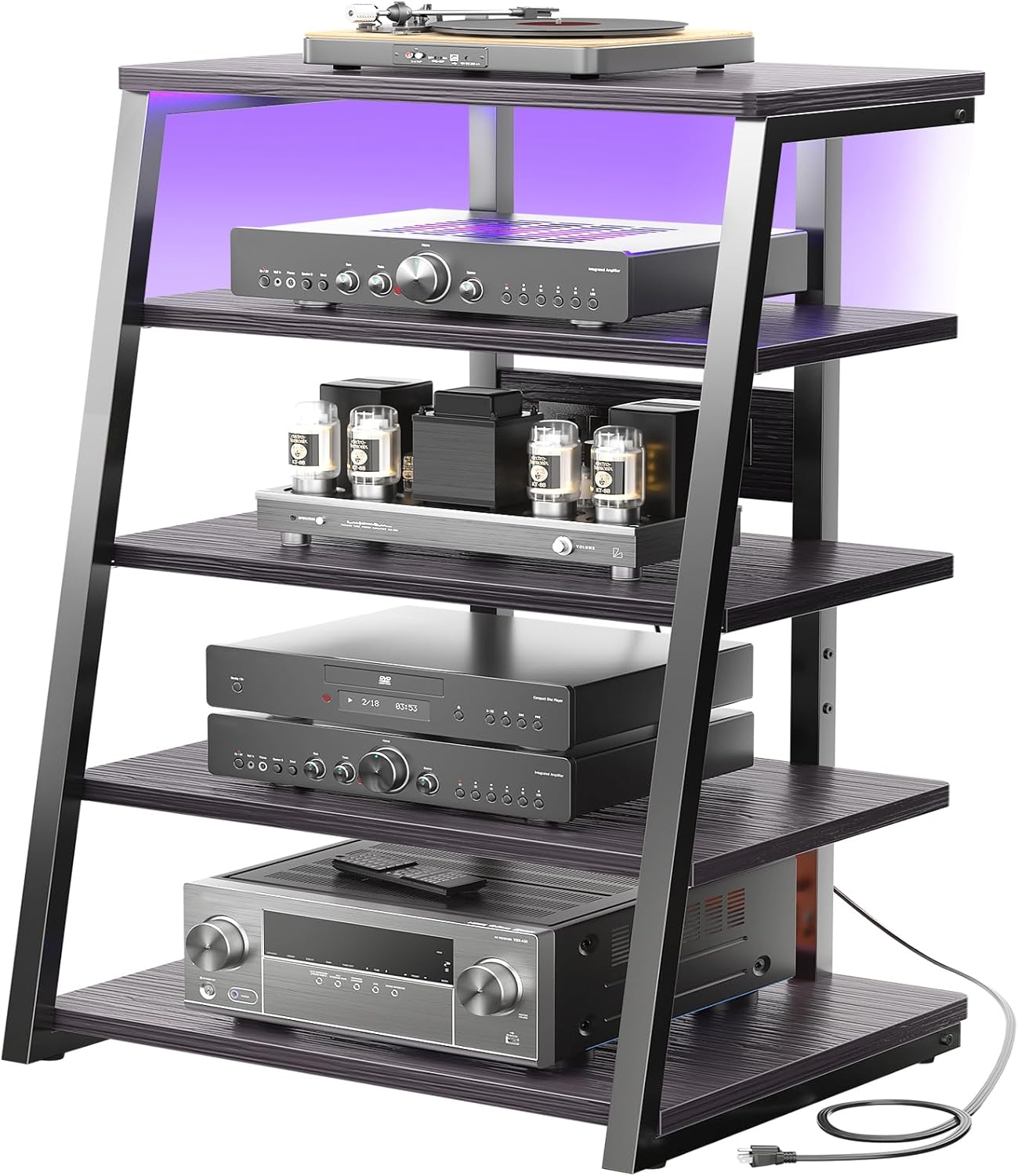 Armocity 5-Tier AV Media Stand with Power Strips, Media Console with LED Lights, Audio Tower Rack with Adjustable Shelves, Stereo Stands and Racks, 40.8'', Black Ebony