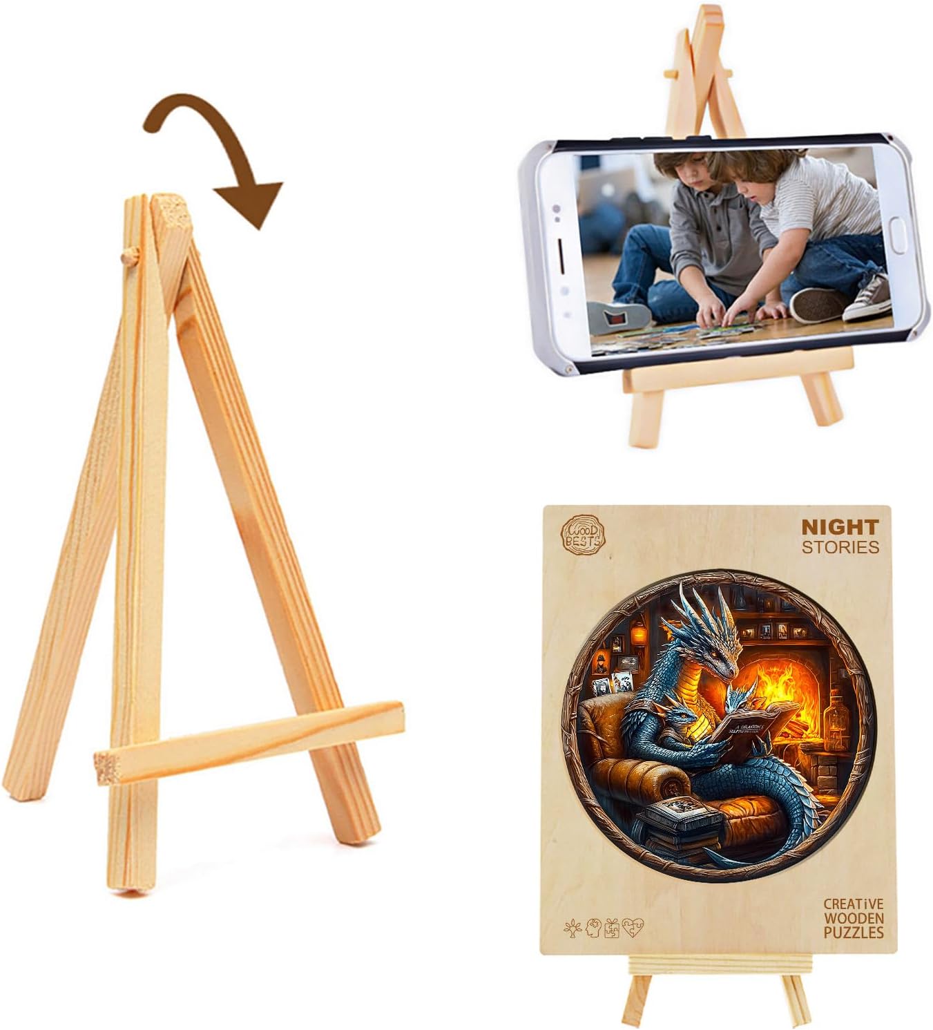 KAAYEE Wooden Puzzles for Adults, 3D Visual Effect Dragon Family Night Reading Wooden Jigsaw Puzzle Unique Shape Wood Puzzle Adult, 3D Effect Flat Puzzle Birthday Family Games (S-8.5 * 8.5 in-95pcs)