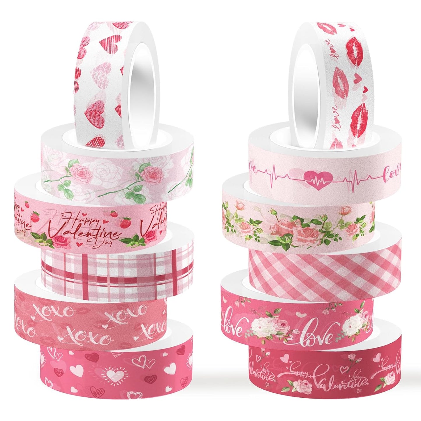 12 Rolls Pink Heart Washi Tape Set, Valentine's Day Love Heart Masking Tape Decorative Paper Tape for DIY Craft Wrapping Scrapbook Envelope Wedding Party,16.4FT