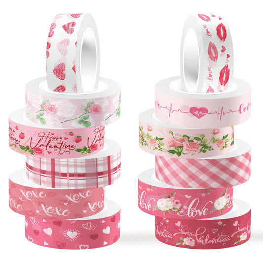 12 Rolls Pink Heart Washi Tape Set, Valentine's Day Love Heart Masking Tape Decorative Paper Tape for DIY Craft Wrapping Scrapbook Envelope Wedding Party,16.4FT