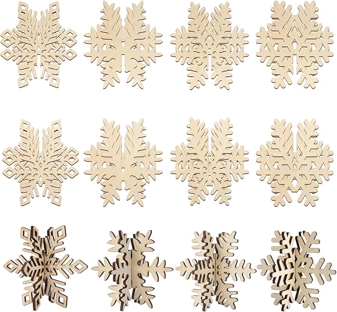 COCHIE DIY 3D Snowflake Wood Crafts to Paint for Kids Adults, Paintable Unfinished Wooden Slices for Craft, Winter Snowflakes Cutouts Ornaments for Painting Decorations (24 PCS)