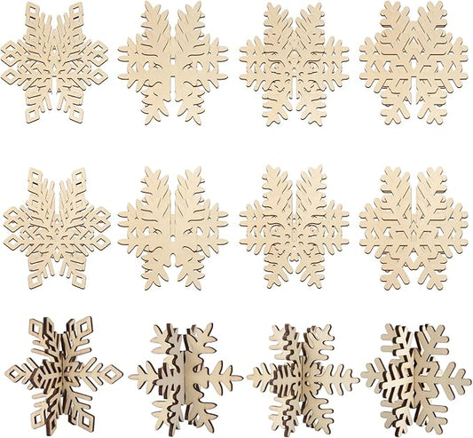 COCHIE DIY 3D Snowflake Wood Crafts to Paint for Kids Adults, Paintable Unfinished Wooden Slices for Craft, Winter Snowflakes Cutouts Ornaments for Painting Decorations (24 PCS)