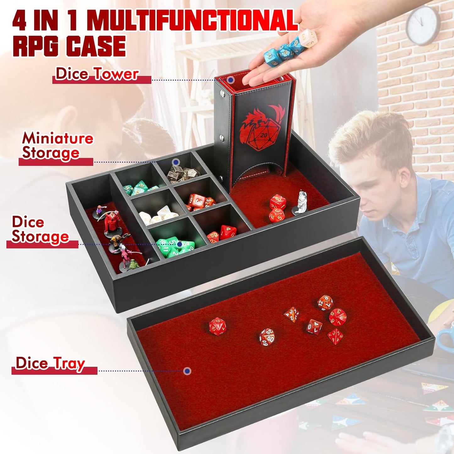 DND Dice Tray & Tower Storage Box, 4 in 1 D&D Dice Holder Case (Dice Rolling Tray, Dice Roller Tower, Dice & Miniature Storage), Great RPG Accessories Gifts for Dungeons and Dragons MTG DM & Player