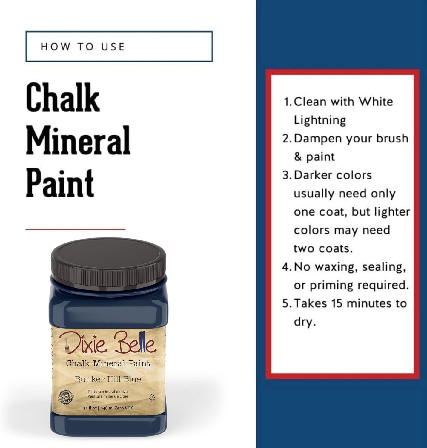 Dixie Belle Paint Company Chalk Finish Furniture Paint - Bunker Hill (32oz) - Matte Indigo Blue Chic Chalk Mineral DIY Furniture Paint