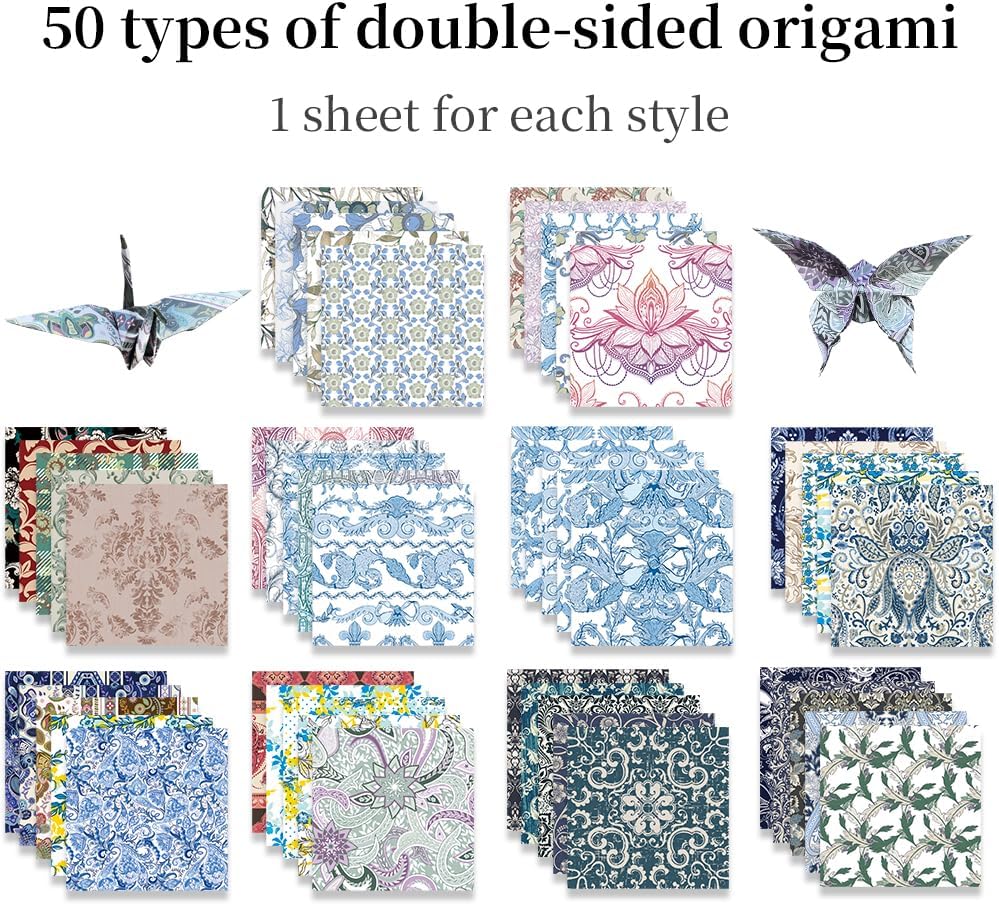 Square Origami Paper 6x6 Double Sided 50 Sheets 50 Colors 70GSM Origami Kit Japanese Chiyo Easy Fold Arts Crafts DIY Handwork Beginner Baroque