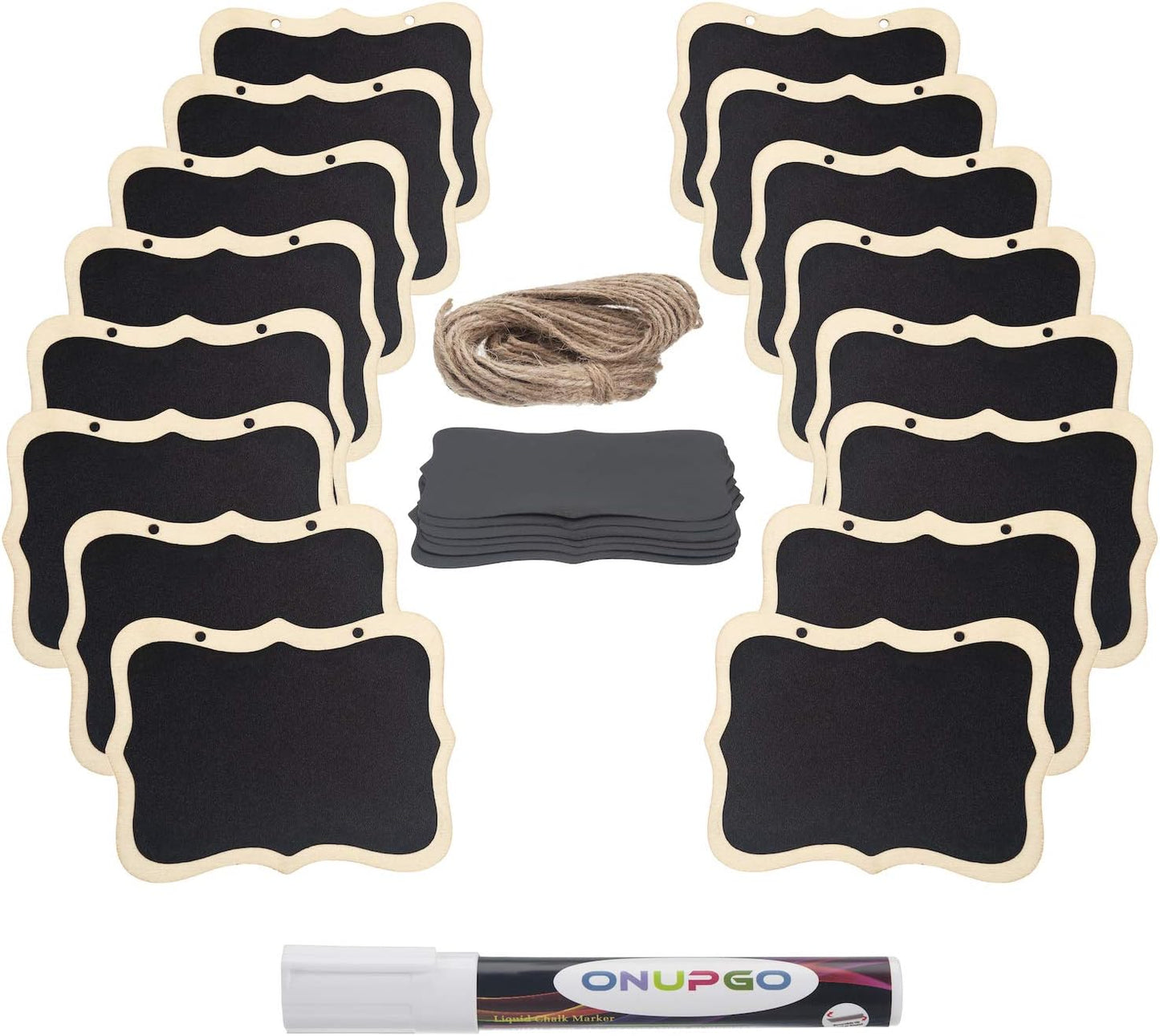 ONUPGO 16 Pack Chalkboard Tags with String, 4"x3" Hanging Chalkboard Signs with Liquid Chalk Marker, Wooden Mini Blackboard Tags Massage Board Tags, Hanging Chalkboard Price Tags
