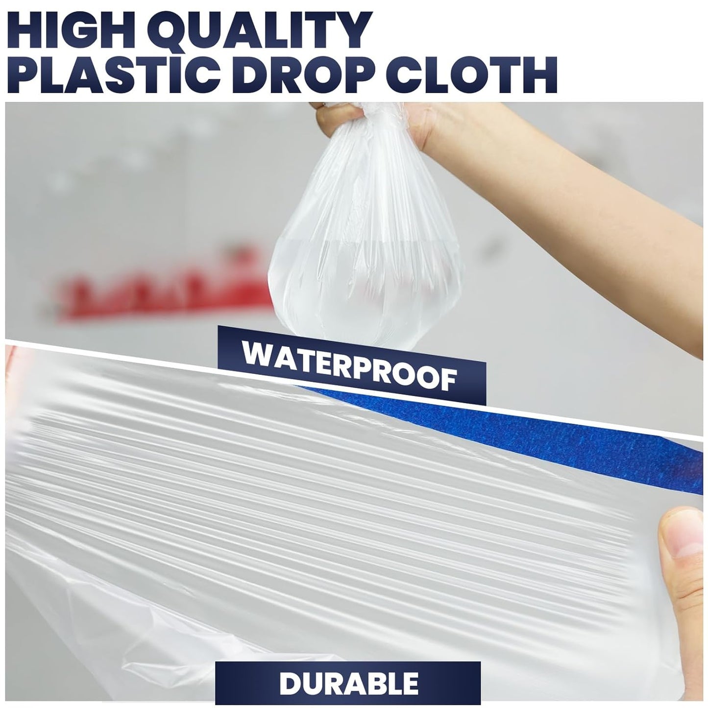 ADHES Painters Plastic with Tape, 48 inch x 90 feet x 3 Rolls Painters Tape with Plastic Attached, Pre Taped Masking Film Tape and Drape for Automotive Painting Covering