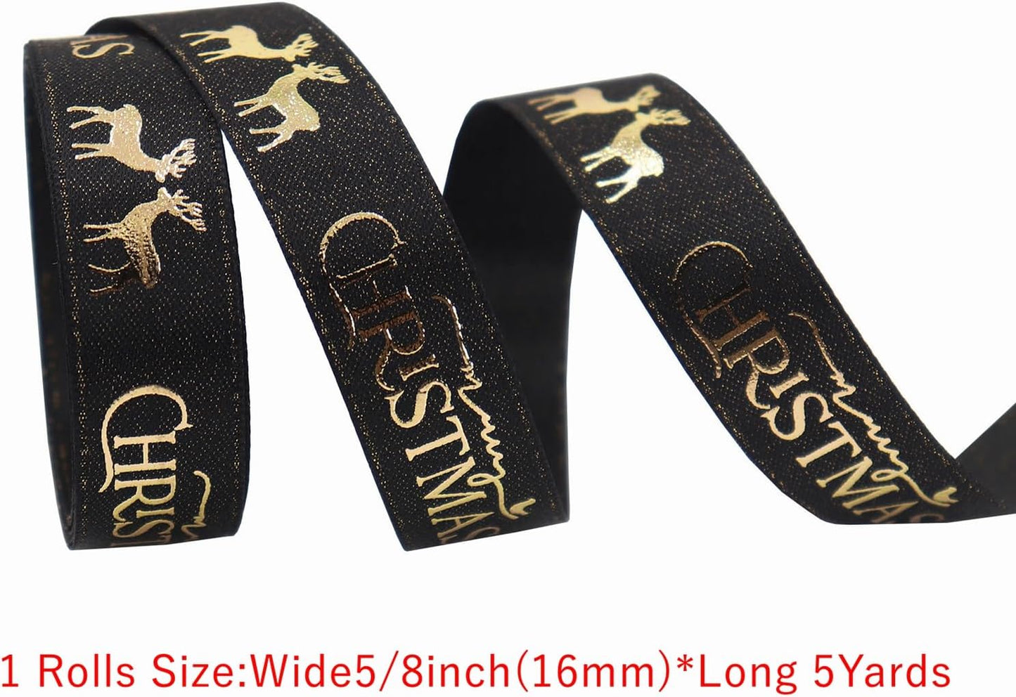 Christmas Gift Wrapping Ribbon, Red, Green, 2 Rolls Printed Grosgrain Ribbons for Crafts, Floral Bouquets, Sewing, Party and Festive Holiday Decor (2 Rolls(Black/Gold), 1 Rolls=5/8in * 5Yards)