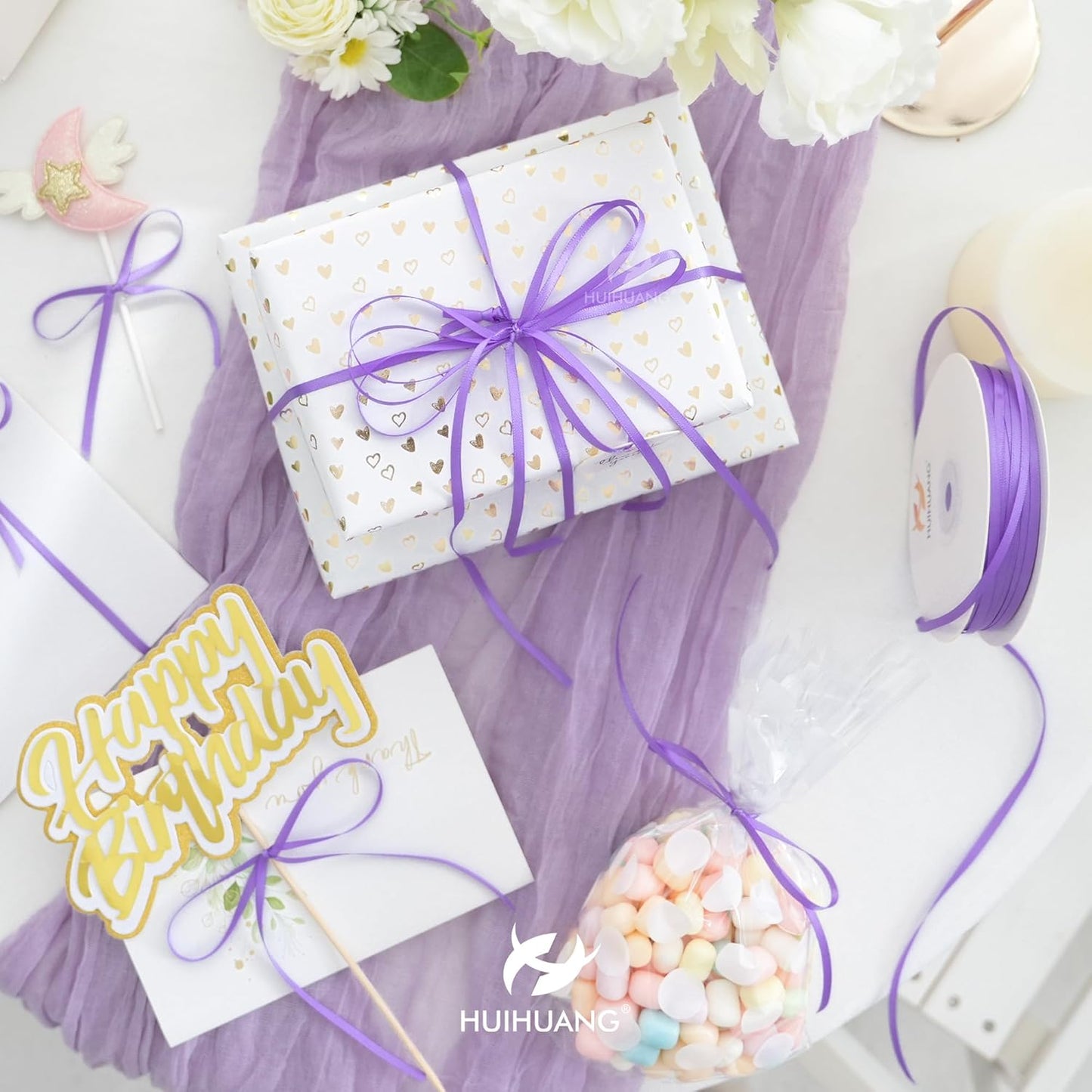 HUIHUANG Solid Color Satin Ribbon 1/8 inch x 100 Yards Roll Ribbon Light Purple Thin Ribbon for Crafts Sewing Gift Wrapping DIY Bows (Hyacinth)