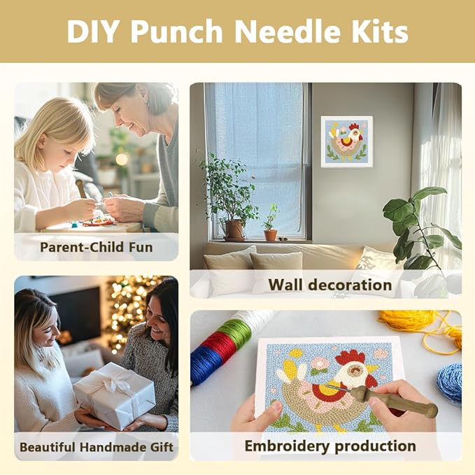 Doodlream Cute Chickens DIY Punch Needle Embroidery Kit for Adult Beginner, 9.4" Rooster Animal Punch Stitching Craft Set for Starter with Frame, Fabric Pattern, Threader, Yarn, Pinch Needle