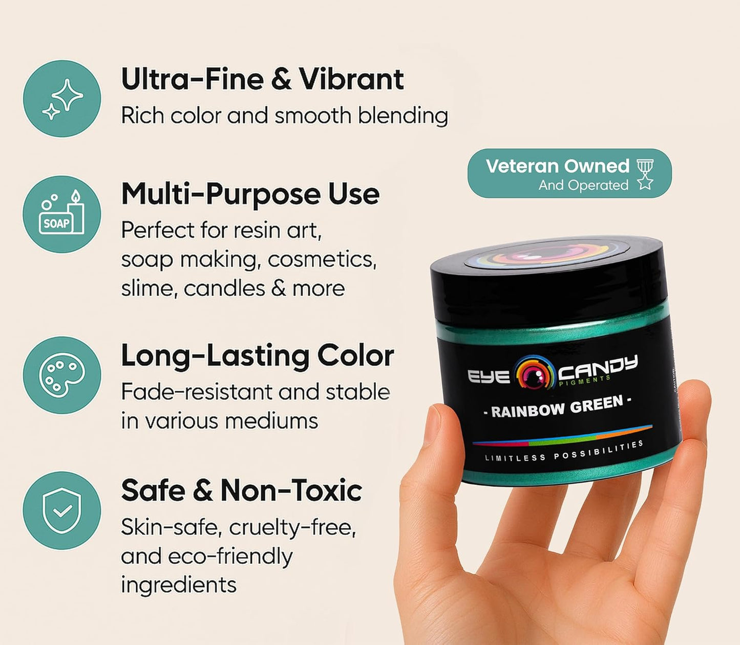 Eye Candy Pigments Premium Green Mica Powder - Rainbow Green (50gr) - for Epoxy, Resin, Soap, Paint, Woodworking, Acrylic Pouring, Bath Bombs, Fishing Lures - DIY Arts and Crafts Additive