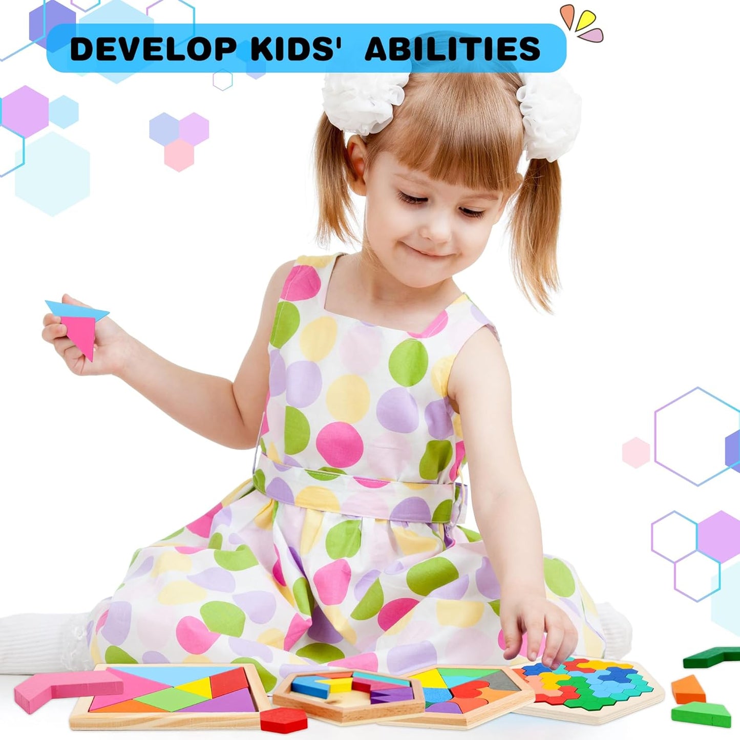 7 Pack Wooden Tangrams Puzzle Set Wooden Hexagon Puzzles Wood Russian Blocks Geometric Block Brain Teaser for Kids Adults 3D Logic Intelligence IQ Game Gift