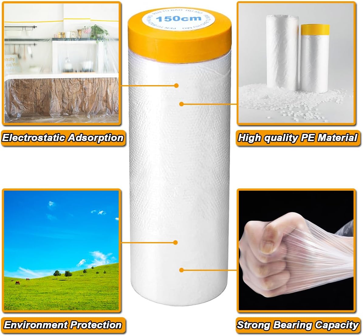 6 Pack Protective Masking Film with Tape 5 x 65 Ft Car Painters Plastic Sheeting Roll Tape and Drape Masking Film for Automotive Painting Covering Frames, Furniture, Auto Body