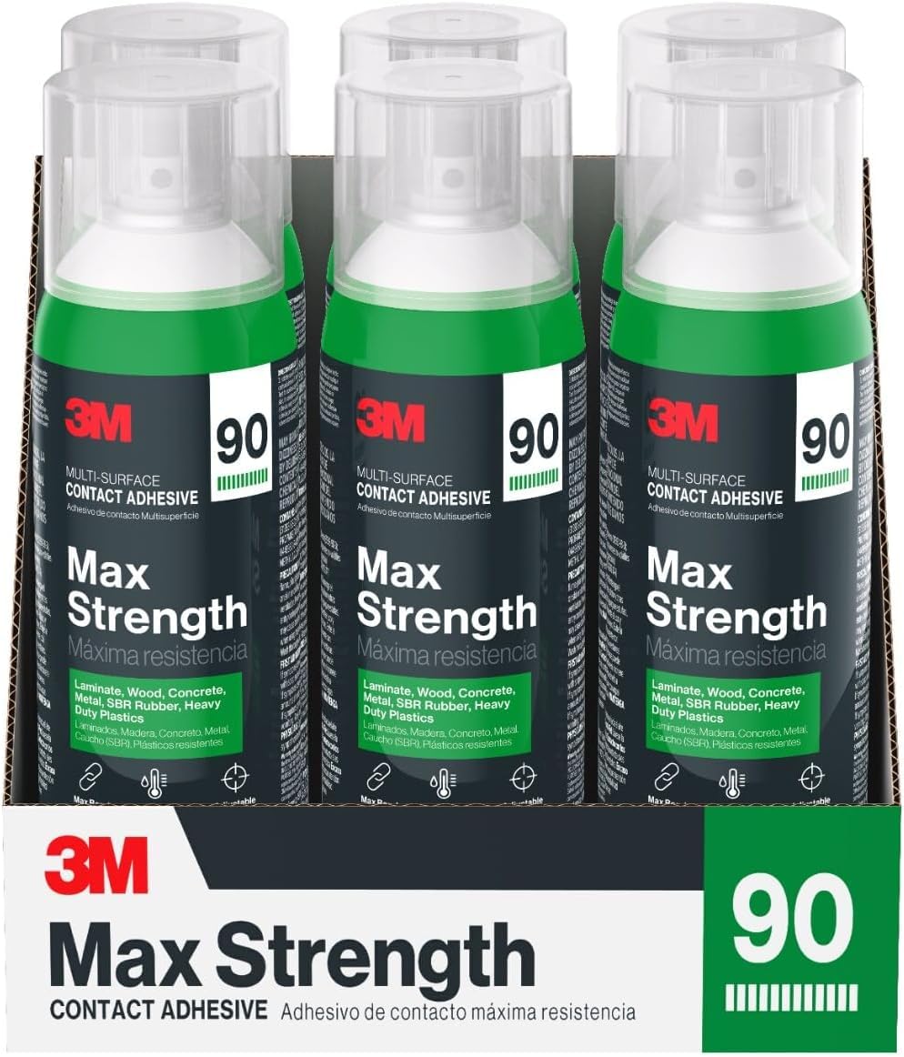 3M Max Strength 90 Contact Adhesive Spray, 12.6 oz (Pack of 6) – Low VOC Heavy Duty Glue with Adjustable Nozzle, Heat & Water Resistant Bond for Metal, Wood, Plastic, Laminate, Concrete