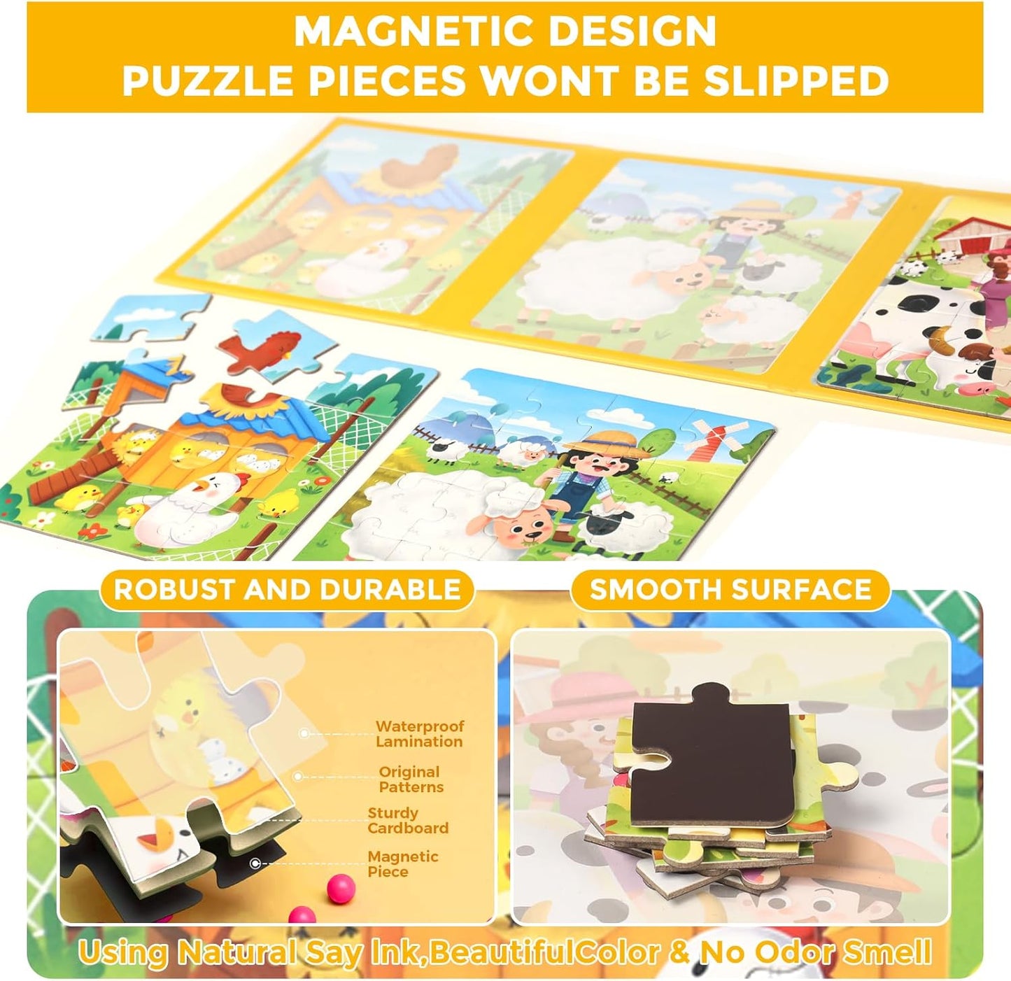 Magnetic Puzzles for Toddlers 1-3, 3 in 1 Kids Fun Farm Jigsaw Puzzle, Children Travel Puzzles Toys, Preschool Learning Toy for Kids 1-8 Year (Farm)