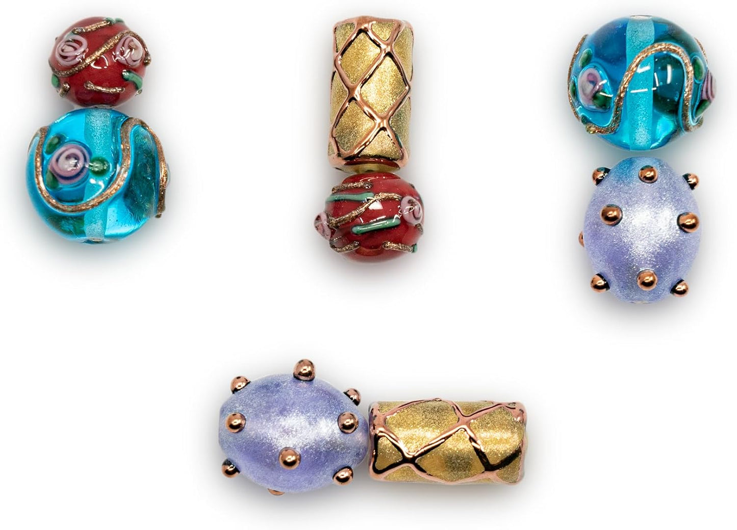 8 pcs Mix of Bohemia Lampwork Czech Glass Beads with Pearl Decorated Beads, Modern lampwork Design and Round Flower Beads, LW 002