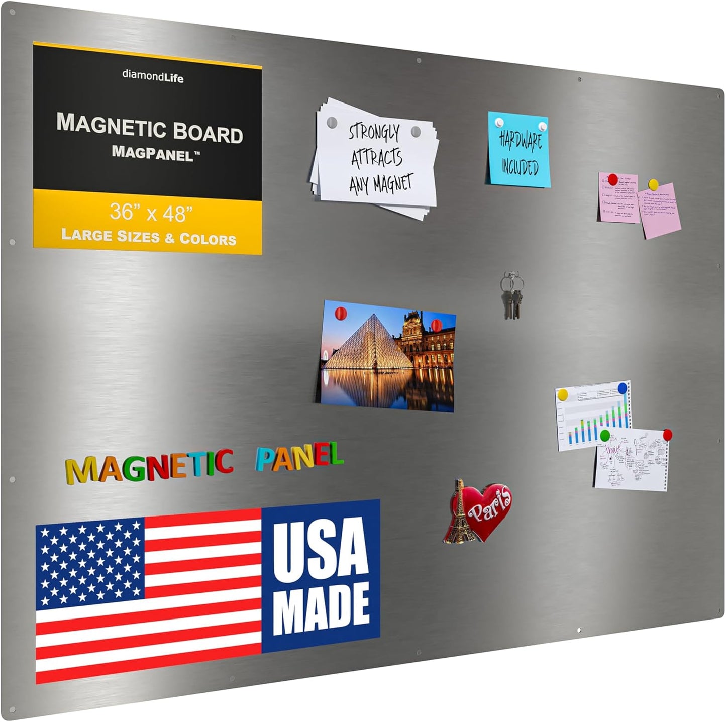 Diamond Life Magnetic Board - Memo & Vision Board for Home, School & Office - Magnet Board for Kids - Pre-drilled Mounting Screws Included (Stainless Steel 36"x48")