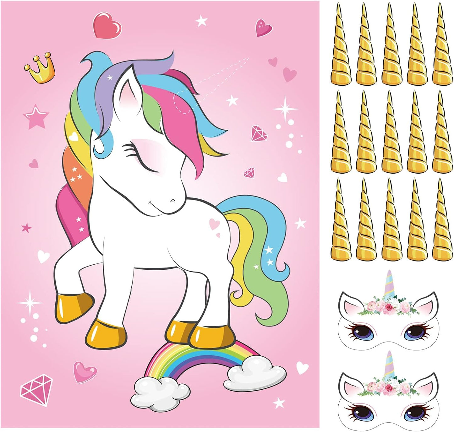 ASTARON Pin The Horn on The Unicorn Birthday Party Game with 30 Horns for Unicorn Party Supplies Favors Girls Rainbow Party Decorations, Pin The Tail Game for Christmas