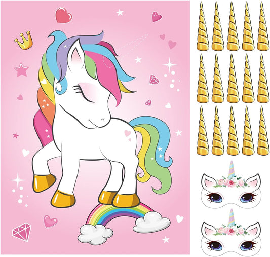ASTARON Pin The Horn on The Unicorn Birthday Party Game with 30 Horns for Unicorn Party Supplies Favors Girls Rainbow Party Decorations, Pin The Tail Game for Christmas