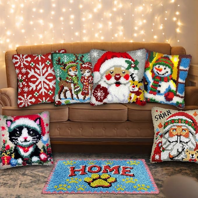 Cute Penguin Latch Hook Kits for Adults Kids Beginners Cartoon Animals Latch Hook Pillow Kit Pre-Printed Latch Hook Rug Kits Cross-stitch Cushion for Home Sofa Decoration 17x17 in. Craft Gift