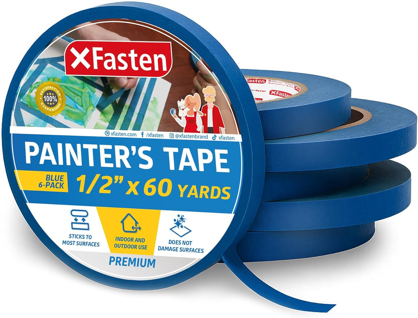 XFasten Professional Blue Painters Tape, Multi-Use, 1/2-Inch by 60-Yard, Pack of 6, Blue Tape Bulk - Sharp Edge Line Technology, Produces Sharp Lines | Residue-Free and Artisan Grade Wall Trim Tape