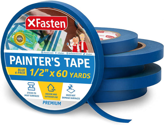 XFasten Professional Blue Painters Tape, Multi-Use, 1/2-Inch by 60-Yard, Pack of 6, Blue Tape Bulk - Sharp Edge Line Technology, Produces Sharp Lines | Residue-Free and Artisan Grade Wall Trim Tape