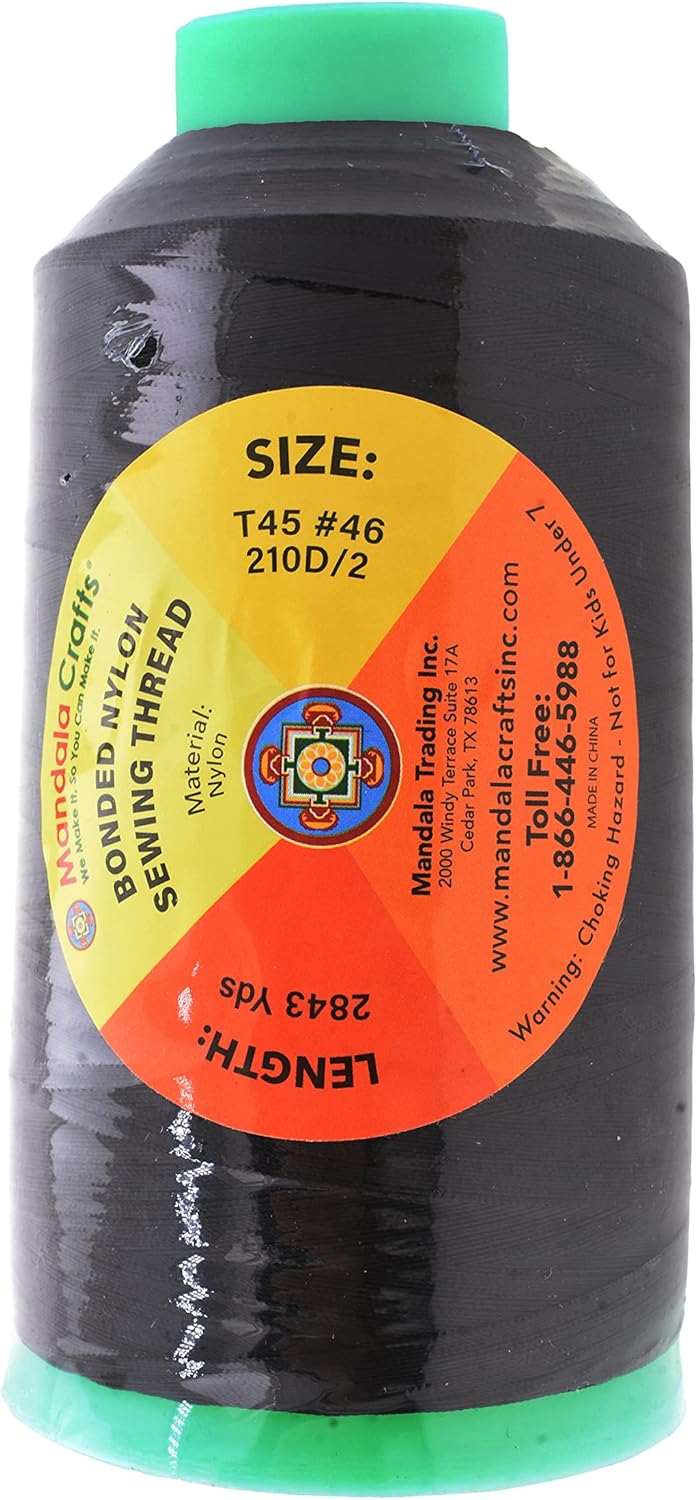 Mandala Crafts Bonded Nylon Thread Black Heavy Duty Sewing Threads - 2843 YDs Size 46 210D T45 Tex 45 Thread for Leather Jeans Weaving Outdoor Marine Upholstery Threads