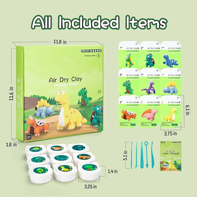 Air Dry Clay Kit, Modeling Clay for Kids, 9 Dinosaur Model Magic Clay with Sculpting Tools and Tutorials, Ultre Light Soft Clay Kit, Arts Craft Toy Gift, Christmas Birthday Party Favors for Boys Girls