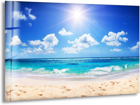 My Photostation.com 43Wx27H'' Summer Beach Landscape Glass Wall ArtTempered Glass Printing Wall Decor Large Wall Art Wall Hangings