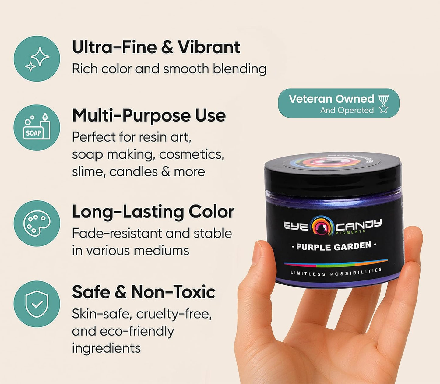 Eye Candy Pigments Premium Purple Mica Powder - Purple Garden (50gr) - for Epoxy, Resin, Soap, Paint, Woodworking, Acrylic Pouring, Bath Bombs, Fishing Lures - DIY Arts and Crafts Additive