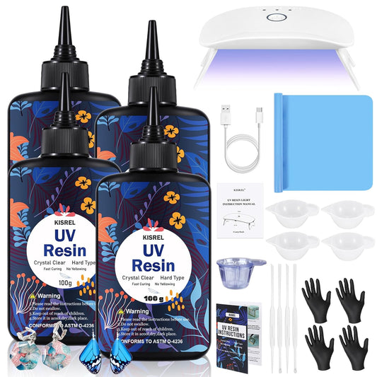 UV Resin with Light - 400g Hard Type Crystal Clear Ultraviolet Curing UV Resin Kit, 8 Lamp Beads UV Light(Non-Battery), UV Resin with Light for Craft Jewelry Making